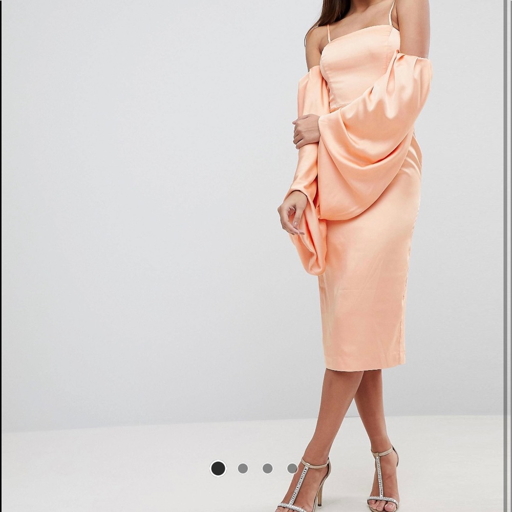 Extreme Blouson Sleeve Midi Sleeve Dress in Satin